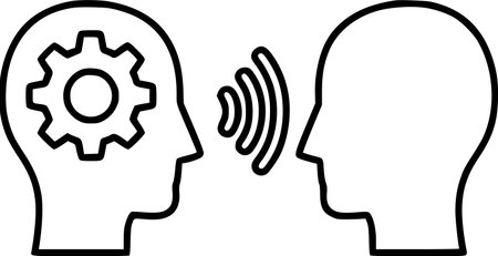 People's heads with a gear and a "wave" of communication, symbolizing the complexity of interaction and disagreements.のイラスト素材