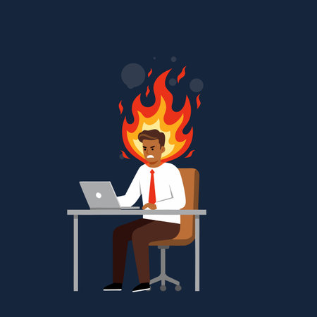 The person is sitting at a desk, with their head engulfed in flames, symbolizing emotional exhaustion and tension.のイラスト素材