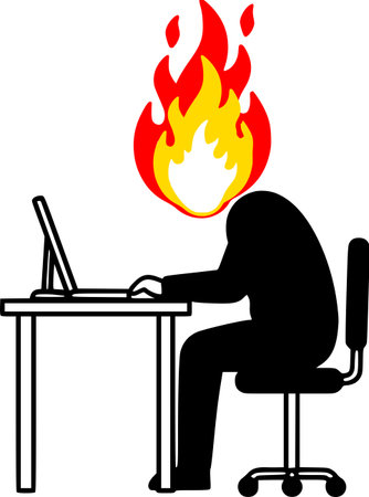 The person is sitting at a desk, with their head engulfed in flames, symbolizing emotional exhaustion and tension.のイラスト素材