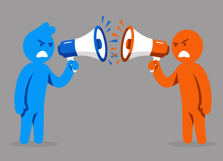 The two figures are shouting through megaphones, symbolizing an aggressive argument, lack of understanding, and communication barriers.のイラスト素材