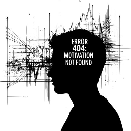 A metaphor for the fear of being fired due to fatigue and burnout. The silhouette of a man is looking at a graph with "Error 404: Motivation Not Found" in his head.のイラスト素材