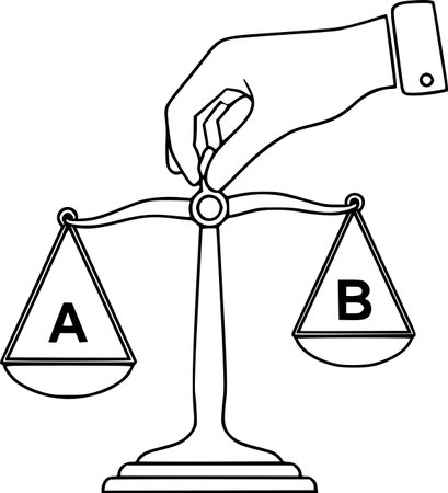 There are two options on the scale, but the person is unable to choose, demonstrating confusion, doubt, and difficulty in selecting a path.のイラスト素材