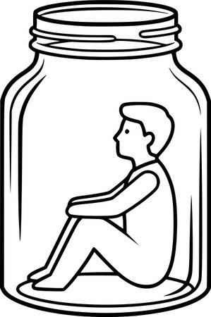 A metaphor for self-isolation. A person in a glass jar observes life from the outside, but cannot leave, symbolizing detachment, loneliness, and missed opportunities.のイラスト素材