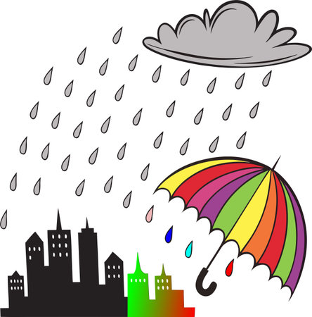 A gray rain falls on a vibrant cityscape, washing away the colors, symbolizing sadness, loss of joy, and emotional burnout.のイラスト素材