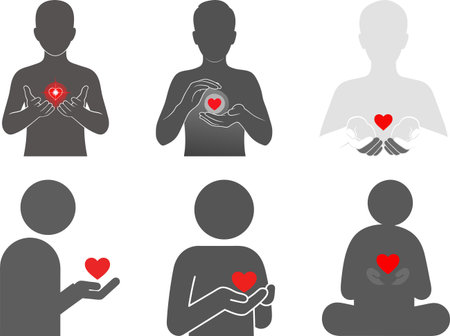 A gray silhouette of a man holds a bright red heart, symbolizing fragile hope and inner warmth in the face of depression.のイラスト素材