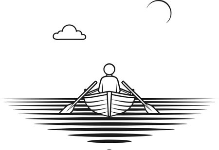 A man in a boat in the middle of an endless ocean with an empty horizon, a metaphor for the loss of meaning in life, direction, loneliness, and a lack of purpose.のイラスト素材