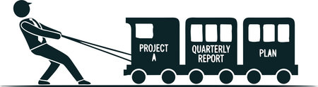 An office worker pulls a train of projects and reports: a metaphor for the immense weight of responsibility, work tasks, deadlines, and burnout.のイラスト素材