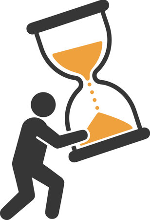 A man carries a huge, fragile hourglass: a metaphor for the weight of responsibility for time and destiny, where every grain of sand is a precious and irreplaceable moment.のイラスト素材
