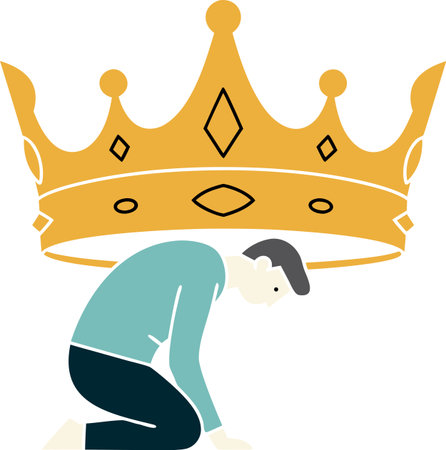 The man is bowed down by a huge crown, a metaphor for the weight of power, leadership, and responsibility, symbolizing the burden of governance and emotional pressure.のイラスト素材