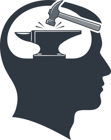 A huge burden of responsibility and problems. The anvil and hammer in the head symbolize mental strain, stress, headaches, and difficult decision-making.のイラスト素材