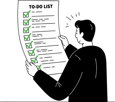A person is looking at a long list of completed tasks. This is a symbol of great responsibility and productivity. All the tasks have been completed.のイラスト素材