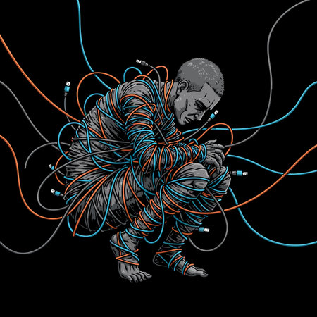 A man entangled in wires like a spider in a web. The loss of freedom and control in a world where...