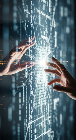 Two hands reach for each other, but they are separated by a wall of digital code and data. The concept of alienation, online barriers and loss of human contact in the virtual worldの素材