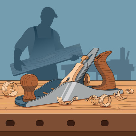 A carpenter's plane on a workbench and a silhouette of a craftsman in the background. The concept of a dying profession and the neglect of manual labor.のイラスト素材