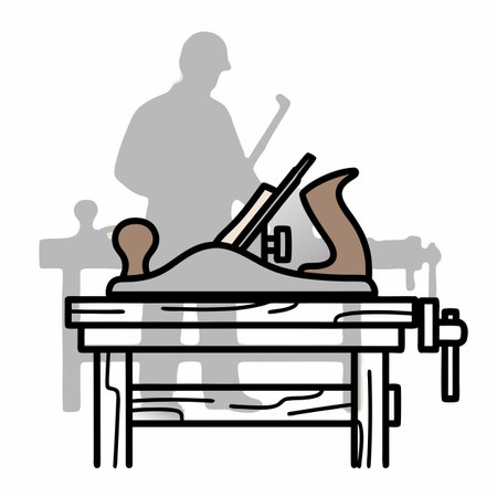 A carpenter's plane on a workbench and a silhouette of a craftsman in the background. The concept of a dying profession and the neglect of manual labor.のイラスト素材