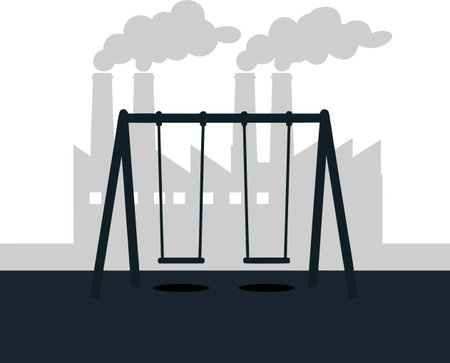 An abandoned playground with empty swings in front of an industrial factory. The concept of decline, unemployment due to automation, and environmental problems.のイラスト素材