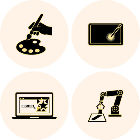 The evolution of the creative process: from traditional painting to digital art and AI-generated images. A set of 4 images.のイラスト素材