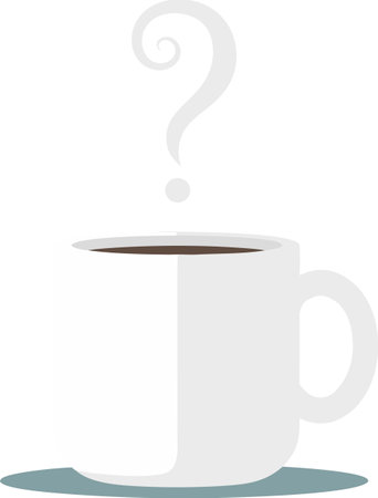 A lonely, forgotten cup of coffee with steam in the shape of a question mark. It symbolizes dismissal or uncertainty. An office break, a problem, a question, or a reflection.のイラスト素材
