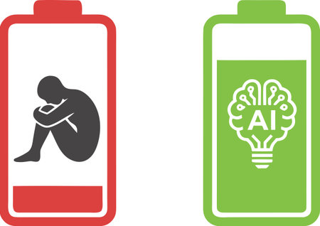 Two batteries: a red, discharged one with a human silhouette, symbolizing burnout and the shadow of...