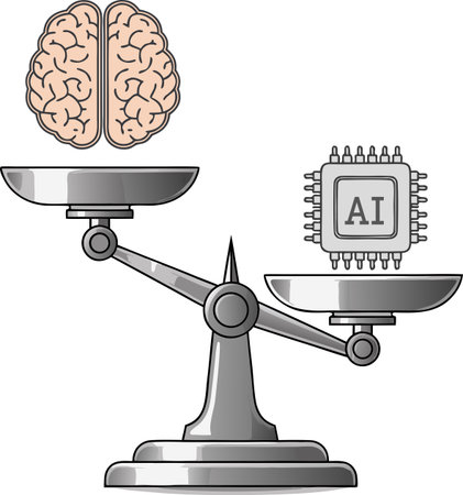 On the scale are a human brain and a microchip, symbolizing the competition between humans and AI, automation, and the "shadow of the departing employee" in the age of technology.のイラスト素材