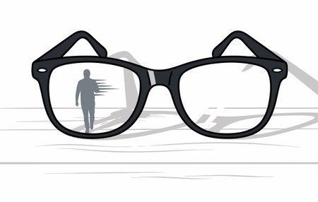 Glasses on the table, the silhouette of a departing person reflected in the lens. The concept of dismissal, employee departure, loneliness, or a change of perspective.のイラスト素材