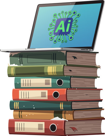 A stack of old, dusty books with a laptop with an AI symbol on top. The contrast between traditional knowledge and artificial intelligence.のイラスト素材