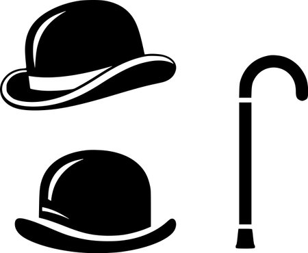 Elegant vector illustration of a bowler hat and a cane. Classic gentleman's accessories, vintage, style, fashion.のイラスト素材