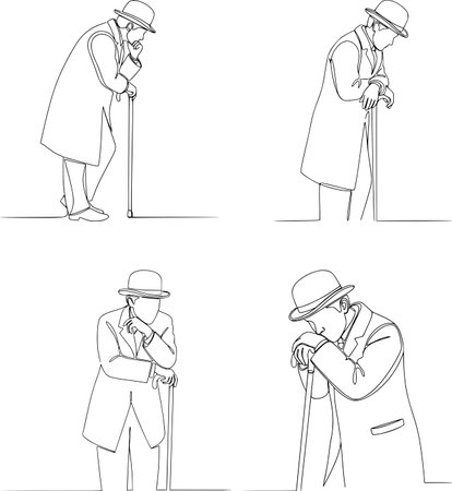 A man in a classic suit and a bowler hat is leaning on a cane. The illustration expresses thoughtfulness, anticipation, and nostalgia. It has a minimalist retro style.のイラスト素材