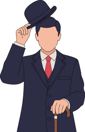 A man leaning on a cane elegantly raises his hat in greeting. Perfect for illustrating etiquette and classic fashion.のイラスト素材
