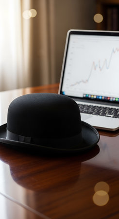A bowler hat lies next to an open laptop. The concept is elegant old style and tradition in a modern digital or IT environment.の素材