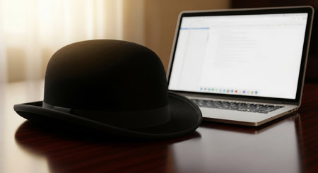 A bowler hat lies next to an open laptop. The concept is elegant old style and tradition in a modern digital or IT environment.の素材