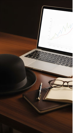 A bowler hat lies next to an open laptop. The concept is elegant old style and tradition in a modern digital or IT environment.の素材