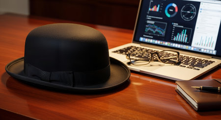 A bowler hat lies next to an open laptop. The concept is elegant old style and tradition in a modern digital or IT environment.の素材