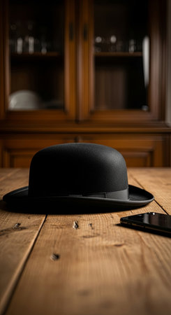 A classic bowler hat and a modern smartphone on a wooden table. The concept is a clash of eras, vintage against technology, and old traditions in a new world.の素材