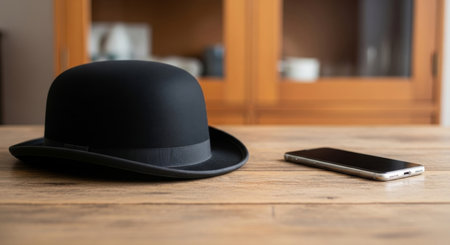 A classic bowler hat and a modern smartphone on a wooden table. The concept is a clash of eras, vintage against technology, and old traditions in a new world.の素材
