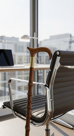 A carved wooden cane is leaning against a modern black leather office chair against a backdrop of a city skyline. Concept: "old school" and elegance in modern business.の素材