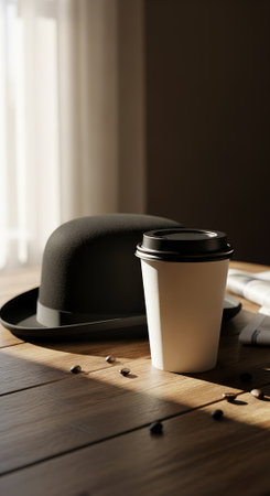 A bowler hat and a paper coffee cup on the table. A combination of old-fashioned style and modern habits. The concept is elegance in everyday life.の素材