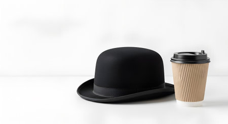 A bowler hat and a paper coffee cup on the table. A combination of old-fashioned style and modern habits. The concept is elegance in everyday life.の素材