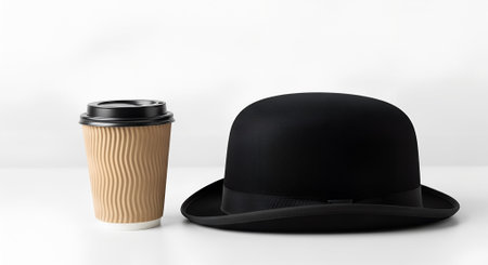 A bowler hat and a paper coffee cup on the table. A combination of old-fashioned style and modern habits. The concept is elegance in everyday life.の素材