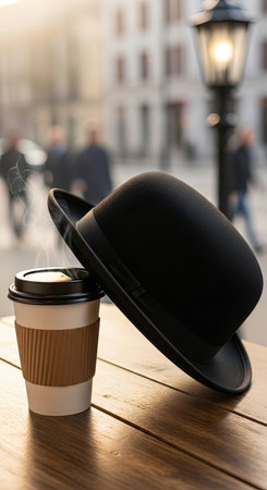 A bowler hat and a paper coffee cup on the table. A combination of old-fashioned style and modern habits. The concept is elegance in everyday life.の素材