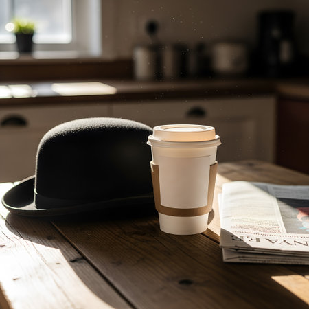A bowler hat and a paper coffee cup on the table. A combination of old-fashioned style and modern habits. The concept is elegance in everyday life.の素材