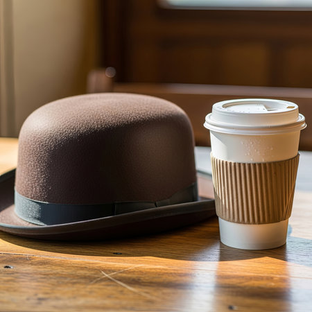 A bowler hat and a paper coffee cup on the table. A combination of old-fashioned style and modern habits. The concept is elegance in everyday life.の素材
