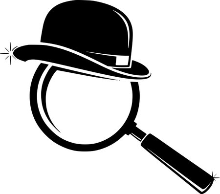 A bowler hat with a large magnifying glass. Concept: information retrieval, investigation, detective work, secrets, and a vintage mystery.のイラスト素材