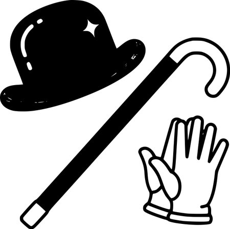 Bowler hat, cane, and white gloves. Elegant accessories for a gentleman, a magician, or a retro style. A symbol of magic, mystery, and classicism.のイラスト素材