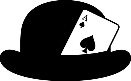 A classic black bowler hat with a spade peeking out from under the ribbon. It symbolizes luck, play, a secret, or elegance with an unexpected twist.のイラスト素材