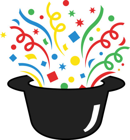 Colorful confetti and streamers fly out of a black inverted bowler hat. Celebration, magic, surprise, magic.のイラスト素材