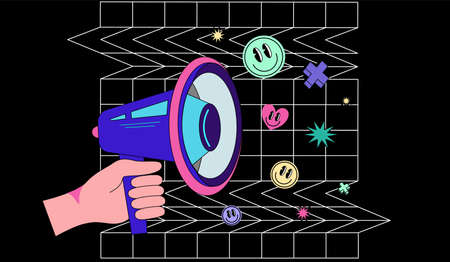 Hand hold loudspeaker or megaphone with smile face hipster stickers. Special offer announcement, referral program concept. Social media reactions concept.のイラスト素材