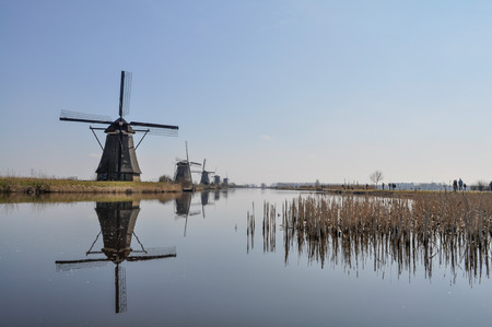 Duth windmills with reflection in the water with blue sky and reed bedsのeditorial素材