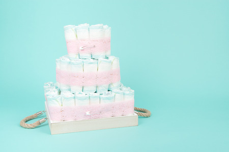 Diaper cake on a blue backgroundの写真素材