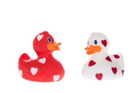 Two rubber duck with hearts one red one white isolated on a white backgroundの写真素材